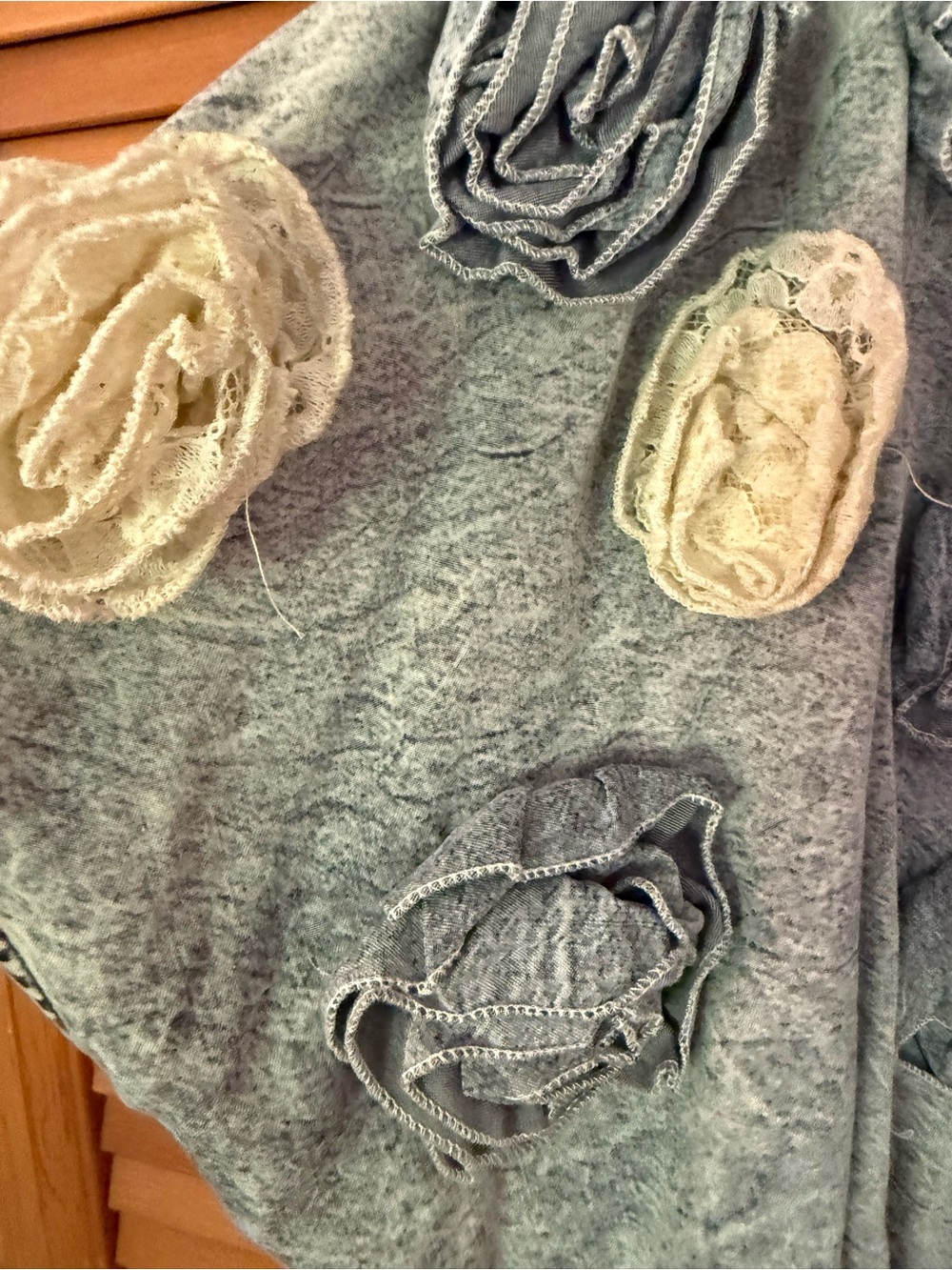 Oli & Hali Acid Wash Oversized, Boxy Blue Floral Rosette Crop Top - Picture 3 of 7